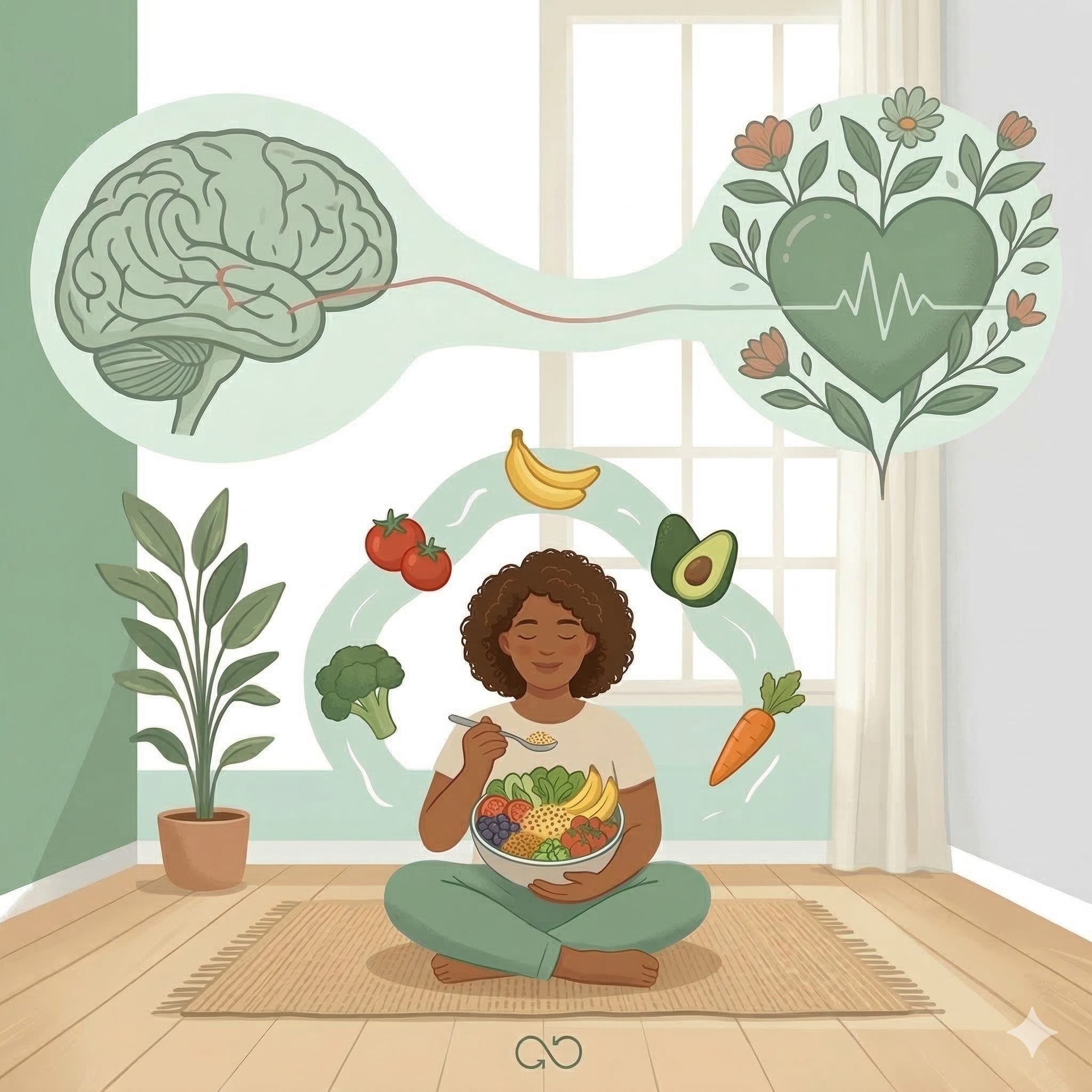 Ilustración de autocuidado, alimentación consciente y trato compasivo - Habitus Nutrición